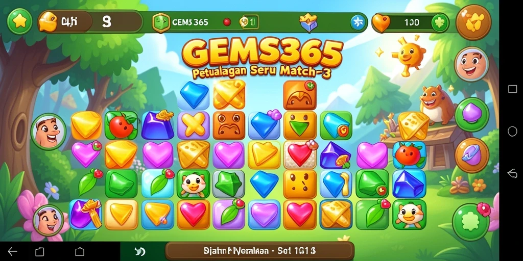 Screenshot GEMS365 menampilkan gameplay seru dari permainan Match-3.