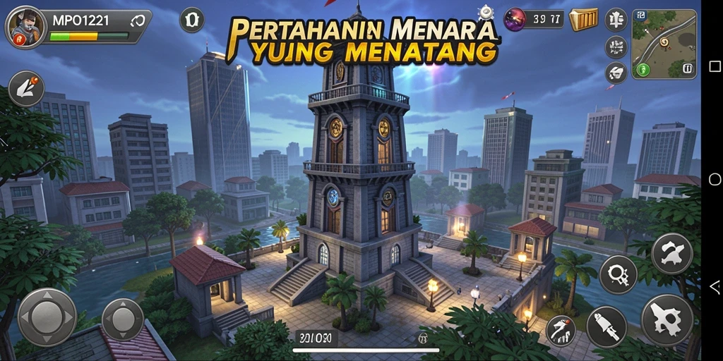 Tampilan gameplay seru dari MPO1221 dengan menara dan musuh yang beragam.