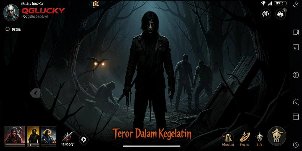 Screenshot gameplay QGLUCKY menampilkan suasana menegangkan di lingkungan gelap.