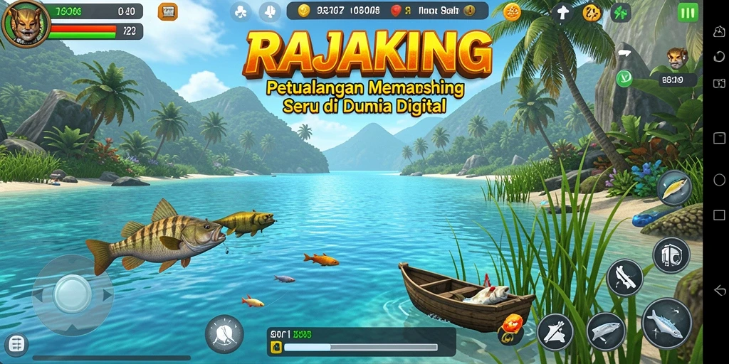 Tangkapan layar gameplay RAJAKING dengan aksi memancing yang menarik.