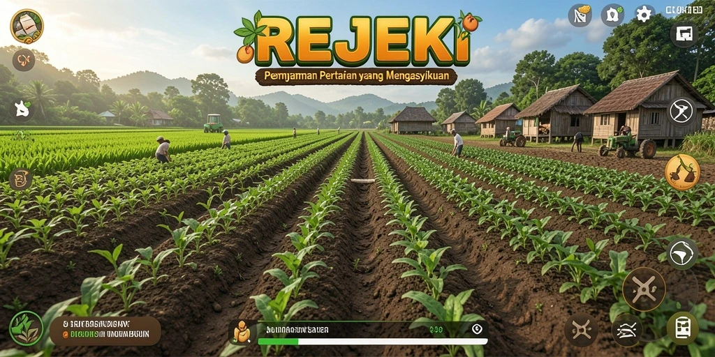 Tangkapan layar menampilkan gameplay seru dalam REJEKI dengan pertanian yang kaya.