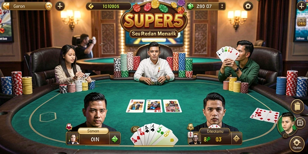 Screenshot gameplay Poker SUPER5 dengan suasana mendebarkan.